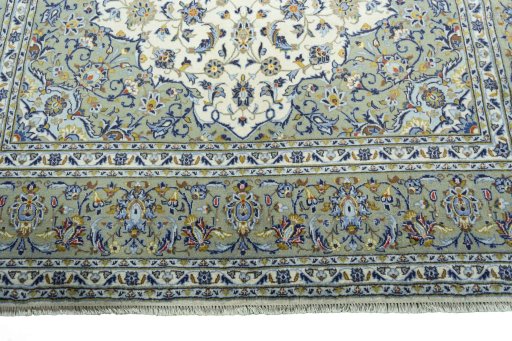 Full view of 2000s Kashan rug from Iran / Persia, 308 × 201 cm in Beige tones