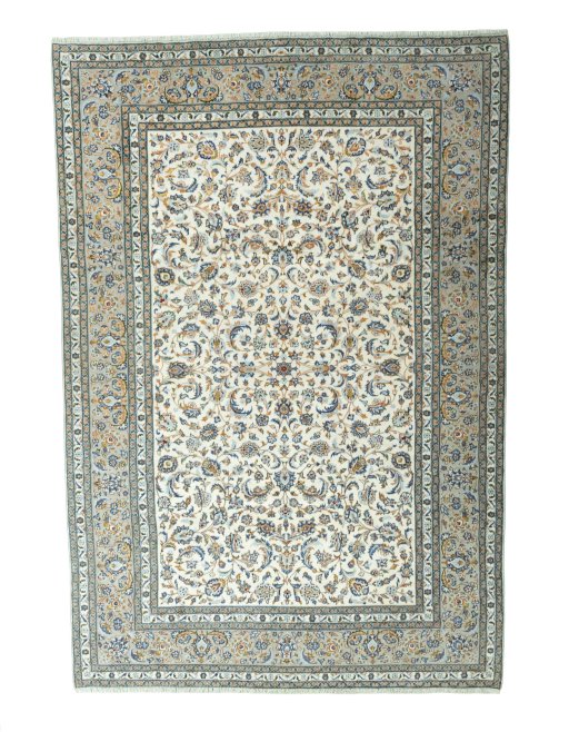 Full view of 2000s Kashan rug from Iran / Persia, 367 × 251 cm in Beige tones