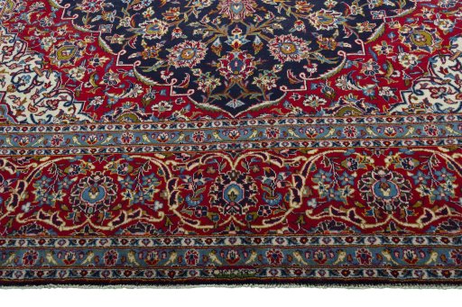 Full view of 2000s Kashan rug from Iran / Persia, 427 × 308 cm in Blue tones