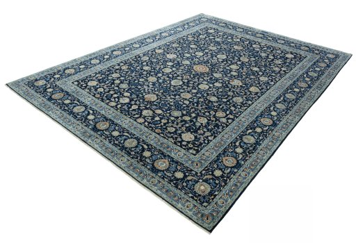 Corner detail of 2000s Kashan rug showing border pattern and Wool pile