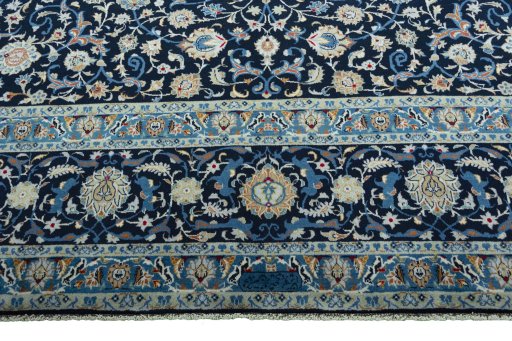 Full view of 2000s Kashan rug from Iran / Persia, 410 × 308 cm in Blue tones
