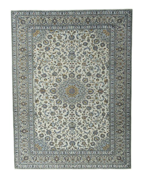Full view of 2000s Kashan rug from Iran / Persia, 400 × 301 cm in Beige tones