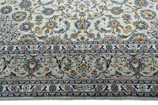 Full view of 2000s Kashan rug from Iran / Persia, 400 × 301 cm in Beige tones