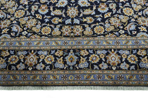 Full view of 1970s Kashan rug from Iran / Persia, 380 × 283 cm in Blue tones