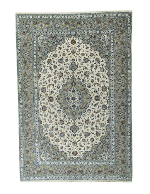 Full view of 2000s Kashan rug from Iran / Persia, 295 × 202 cm in Beige tones