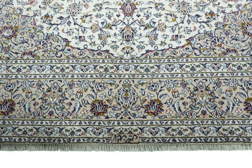 Full view of 2000s Kashan rug from Iran / Persia, 394 × 293 cm in Beige tones