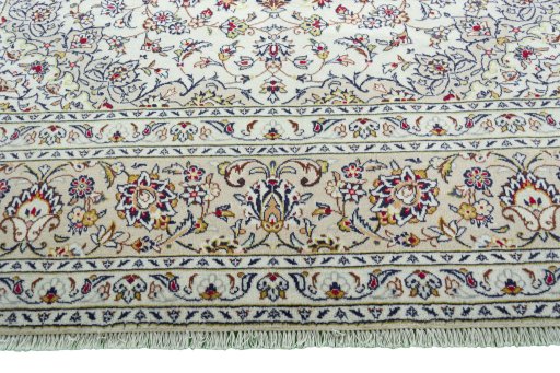 Full view of 2000s Kashan rug from Iran / Persia, 343 × 246 cm in Beige tones