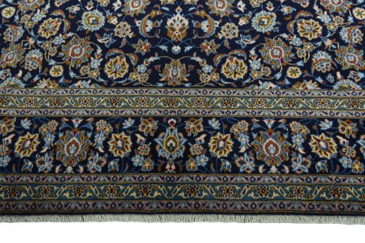 Full view of 1970s Kashan rug from Iran / Persia, 500 × 308 cm in Blue tones