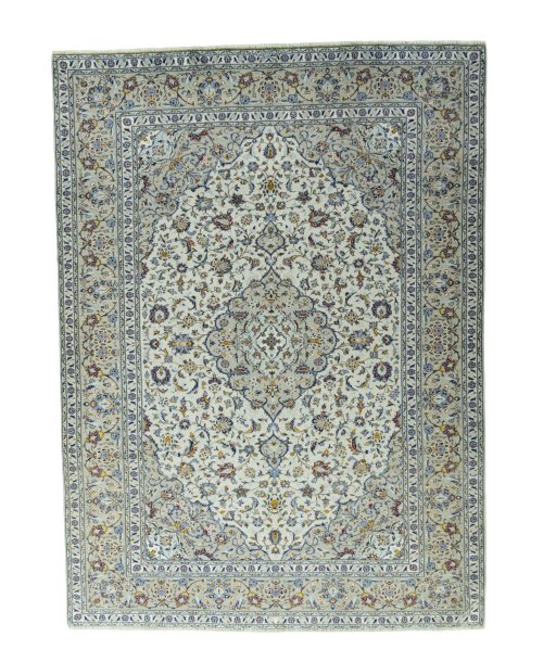 Full view of 2000s Kashan rug from Iran / Persia, 343 × 251 cm in Beige tones