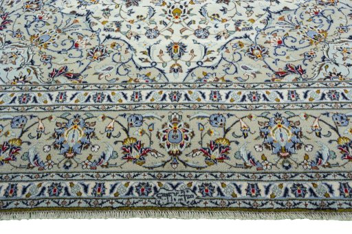 Full view of 2000s Kashan rug from Iran / Persia, 343 × 251 cm in Beige tones