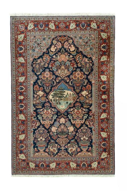 Full view of 1930s Kashan rug from Iran / Persia, 207 × 135 cm in Blue tones