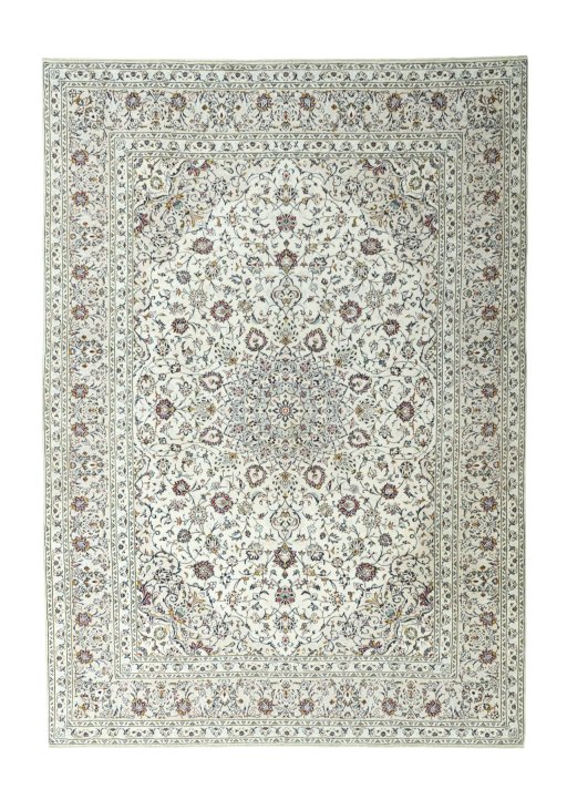 Full view of 2000s Kashan rug from Iran / Persia, 350 × 250 cm in Beige tones