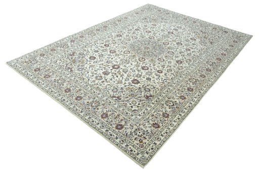 Corner detail of 2000s Kashan rug showing border pattern and Wool pile