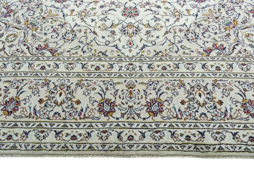 Full view of 2000s Kashan rug from Iran / Persia, 350 × 250 cm in Beige tones