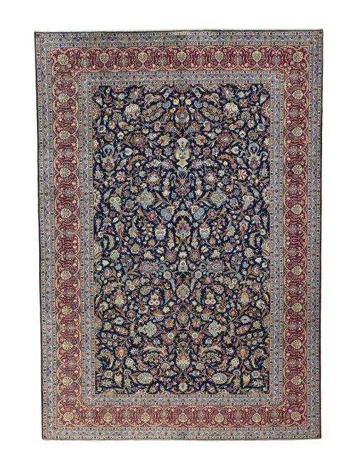 Full view of 2000s Kashan rug from Iran / Persia, 388 × 270 cm in Blue tones