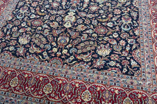 Full view of 2000s Kashan rug from Iran / Persia, 388 × 270 cm in Blue tones