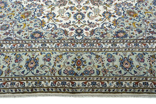 Full view of 2000s Kashan rug from Iran / Persia, 410 × 303 cm in Beige tones