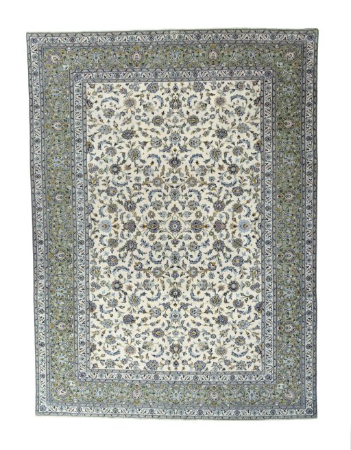 Full view of 2000s Kashan rug from Iran / Persia, 411 × 302 cm in Beige tones