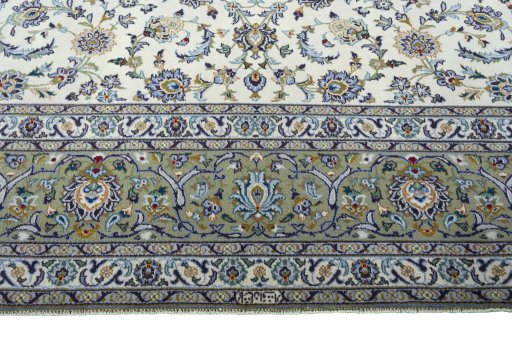 Full view of 2000s Kashan rug from Iran / Persia, 411 × 302 cm in Beige tones