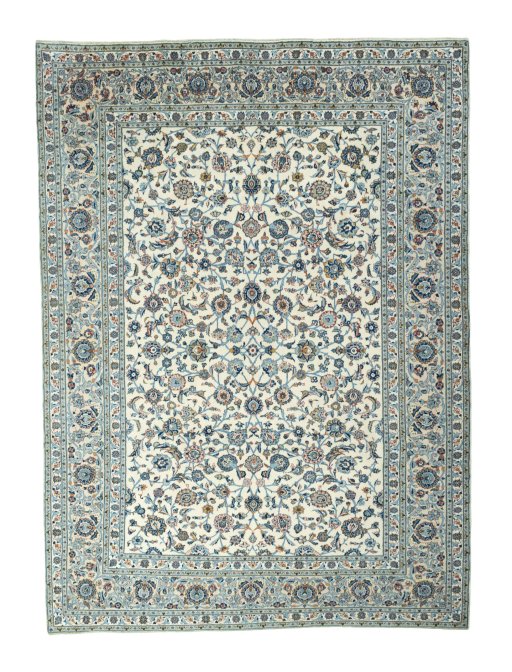 Full view of 2000s Kashan rug from Iran / Persia, 407 × 297 cm in Beige tones