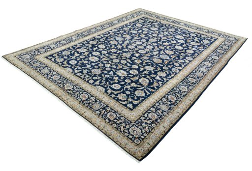 Corner detail of 2000s Kashan rug showing border pattern and Wool pile