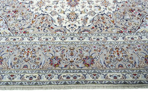 Full view of 2000s Kashan rug from Iran / Persia, 407 × 297 cm in Beige tones