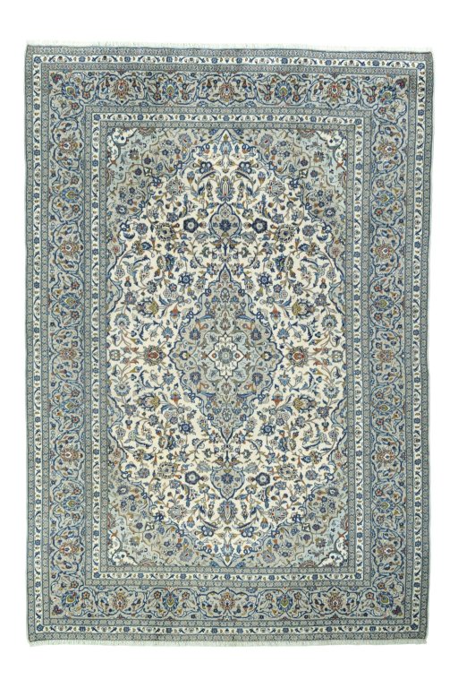 Full view of 2000s Kashan rug from Iran / Persia, 358 × 245 cm in Beige tones
