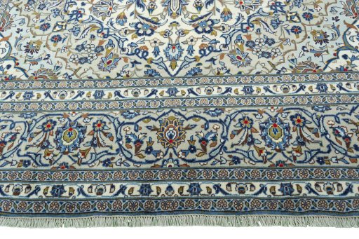 Full view of 2000s Kashan rug from Iran / Persia, 358 × 245 cm in Beige tones