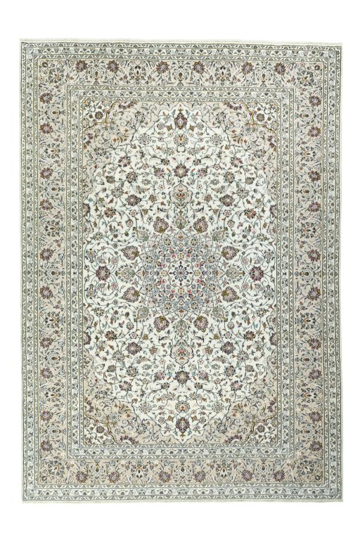 Full view of 2000s Kashan rug from Iran / Persia, 353 × 248 cm in Beige tones