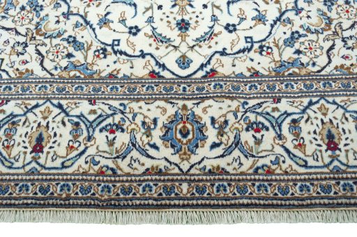 Full view of 2000s Kashan rug from Iran / Persia, 297 × 195 cm in Beige tones