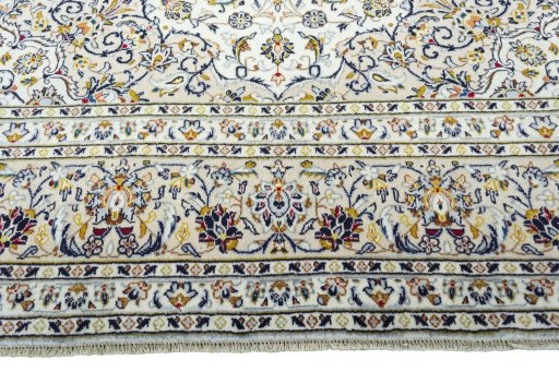 Full view of 2000s Kashan rug from Iran / Persia, 362 × 249 cm in Beige tones