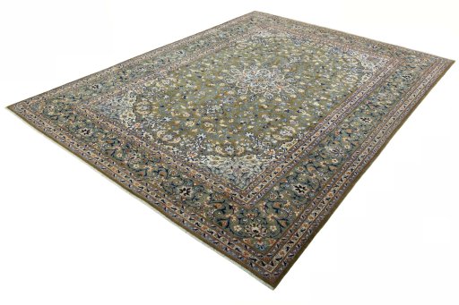 Corner detail of 2000s Kashan rug showing border pattern and Wool pile