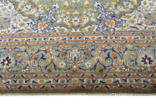 Full view of 2000s Kashan rug from Iran / Persia, 413 × 302 cm in Green tones