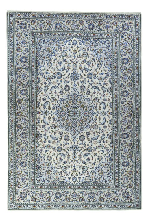 Full view of 2000s Kashan rug from Iran / Persia, 358 × 246 cm in Beige tones