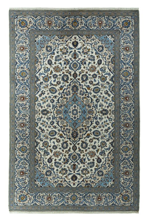 Full view of 2000s Kashan rug from Iran / Persia, 305 × 200 cm in Beige tones
