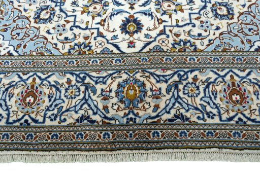 Full view of 2000s Kashan rug from Iran / Persia, 305 × 200 cm in Beige tones