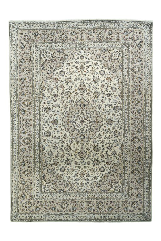 Full view of 2000s Kashan rug from Iran / Persia, 347 × 247 cm in Beige tones