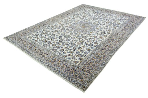 Corner detail of 2000s Kashan rug showing border pattern and Wool pile