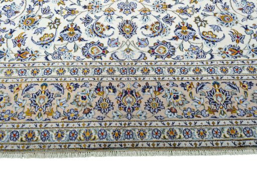 Full view of 2000s Kashan rug from Iran / Persia, 414 × 295 cm in Beige tones