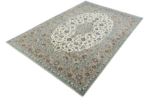 Corner detail of 2000s Kashan rug showing border pattern and Wool pile