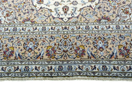 Full view of 2000s Kashan rug from Iran / Persia, 323 × 212 cm in Beige tones