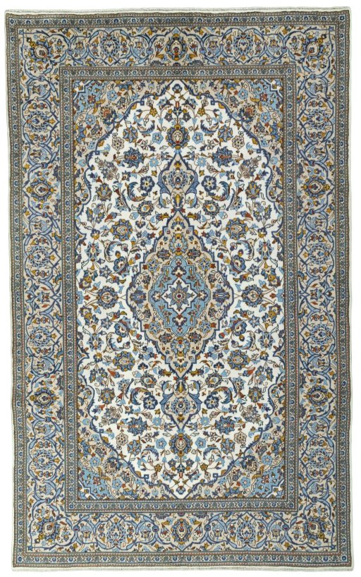 Full view of 2000s Kashan rug from Iran / Persia, 317 × 195 cm in Beige tones