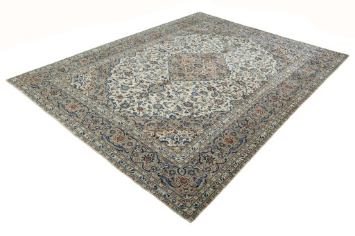 Corner detail of 2000s Kashan rug showing border pattern and Wool pile
