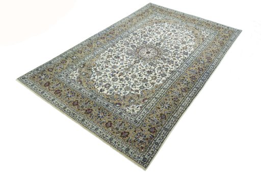 Corner detail of 2000s Kashan rug showing border pattern and Wool pile