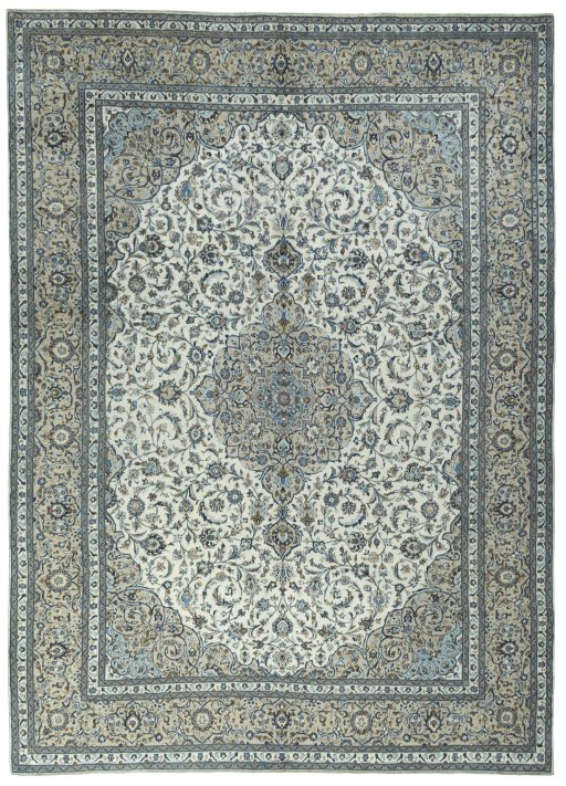 Full view of 2000s Kashan rug from Iran / Persia, 418 × 304 cm in Beige tones