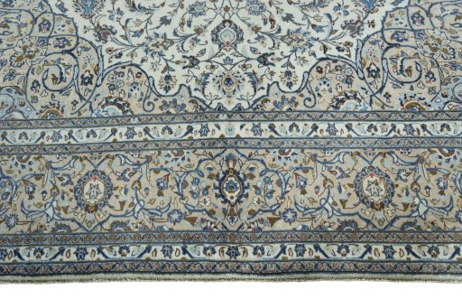 Full view of 2000s Kashan rug from Iran / Persia, 418 × 304 cm in Beige tones