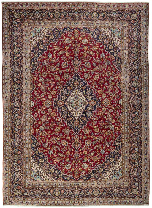 Full view of 2000s Kashan rug from Iran / Persia, 418 × 304 cm in Red tones