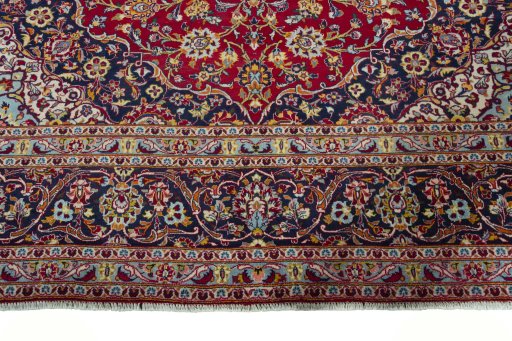 Full view of 2000s Kashan rug from Iran / Persia, 418 × 304 cm in Red tones