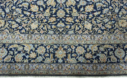 Full view of 1970s Kashan rug from Iran / Persia, 428 × 314 cm in Blue tones
