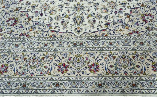 Full view of 2000s Kashan rug from Iran / Persia, 411 × 307 cm in Beige tones